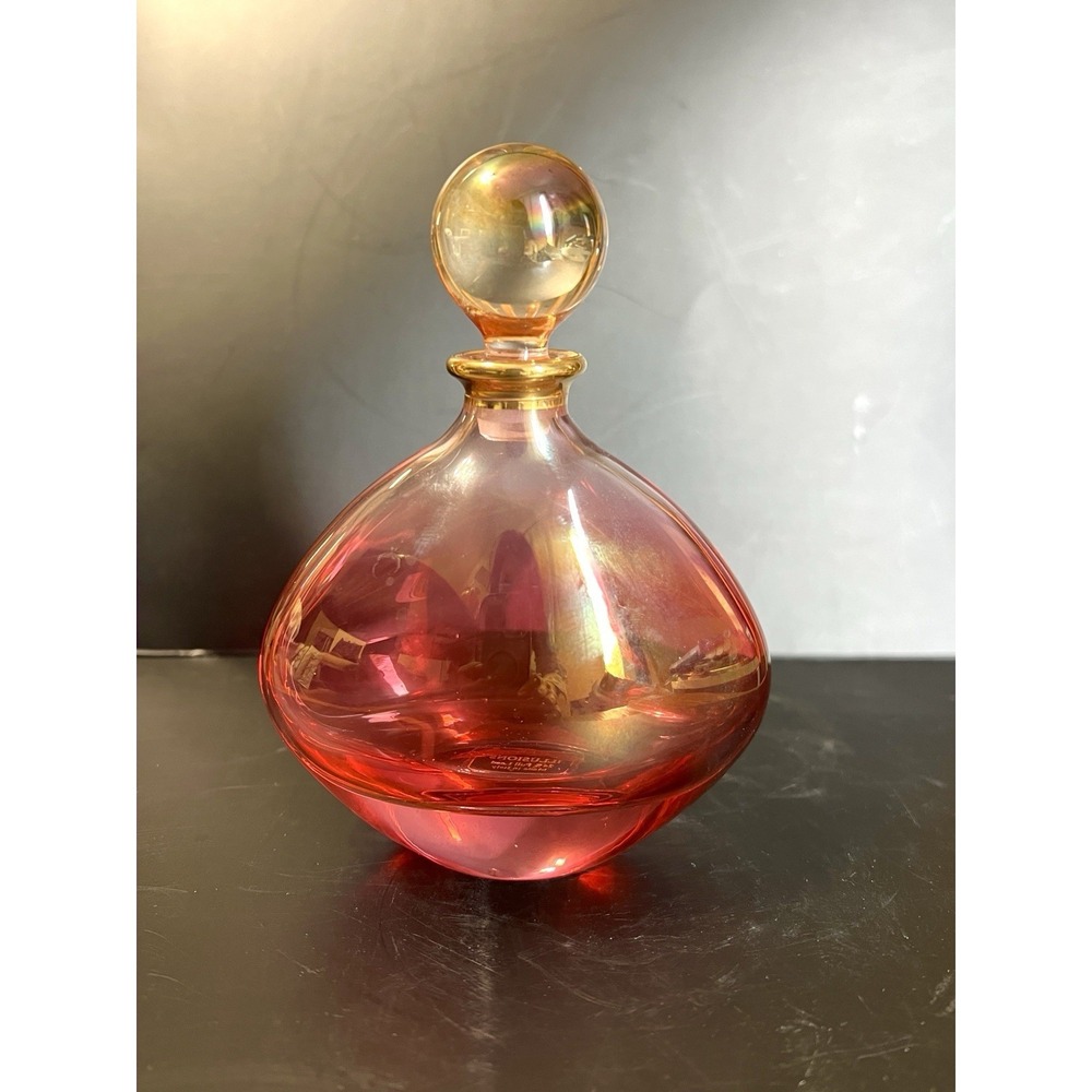 Pink Italian Crystal Perfume Bottle With Iridescent Gold & Dabber, Vintage 5"